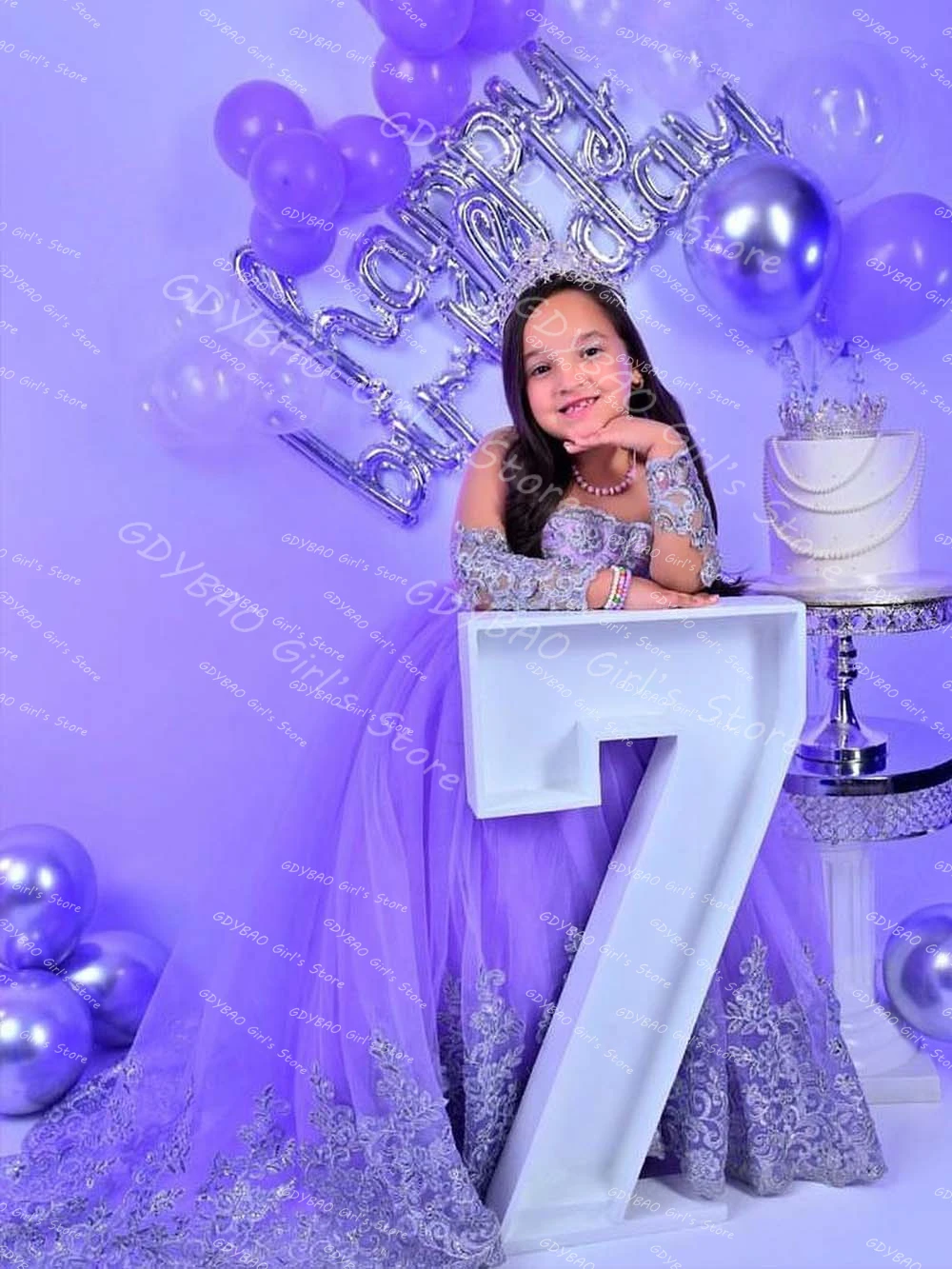 Customized Girls Birthday Dress Purple Flower Girl Dress for Wedding Party Kids Lace Applique Long Sleeve Princess Pageant Gown