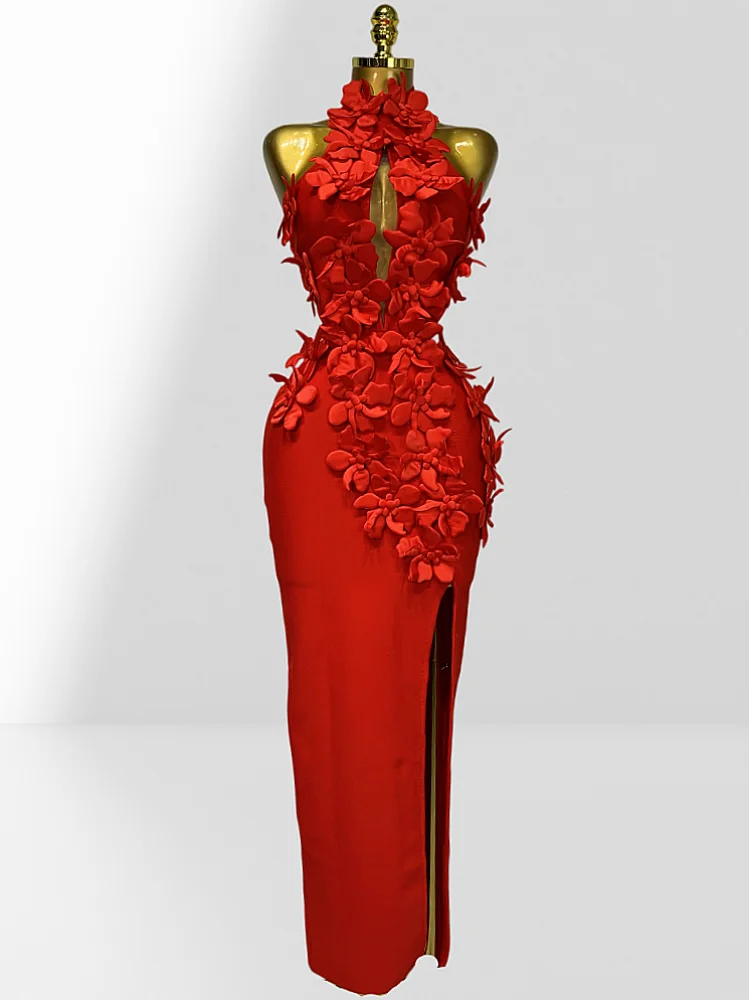 

2026 Stereoscopic Flowers Sleeveless High Slit Bandage Long Dress Elegant Woman Evening Party Dress Birthday Party Vestido