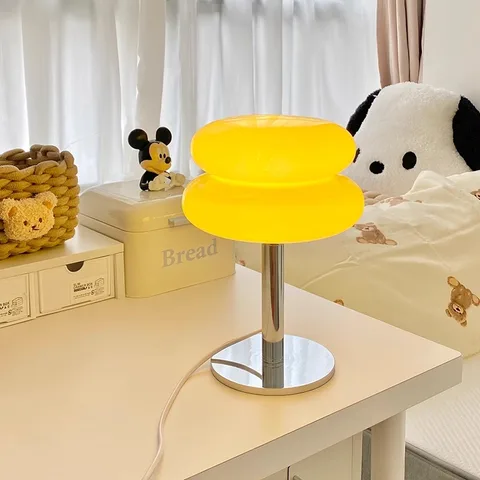 Luminária de Mesa LED Macaron de Vidro com Lustre, Regulagem de Intensidade Tricromática, para Sala de Estar, Quarto, Escritório, Lâmpada de Ambiente, Proteção para os Olhos, Luz Noturna