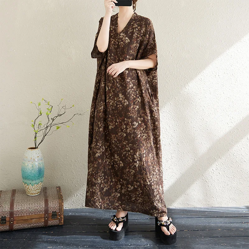 

Летнее хлопковое платье с V-образным вырезом, свободного кроя, в винтажном стиле, пляжное, больших размеров, повседневное, комфортное, с цветочным принтом