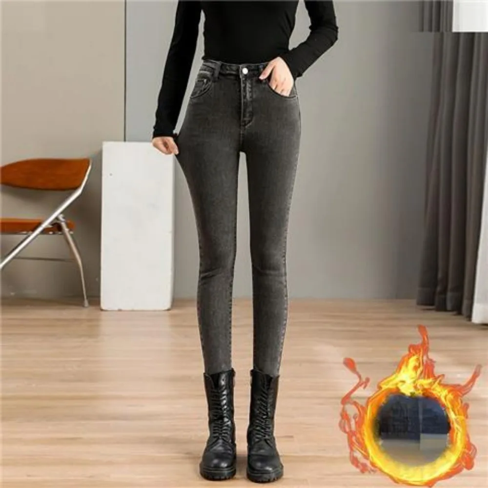 

High Waist Jeans Women Autumn New Slim Skinny Pants Spring Casual Girl Denim Trousers Plush Female Fashion Stretch Pencil Jeans