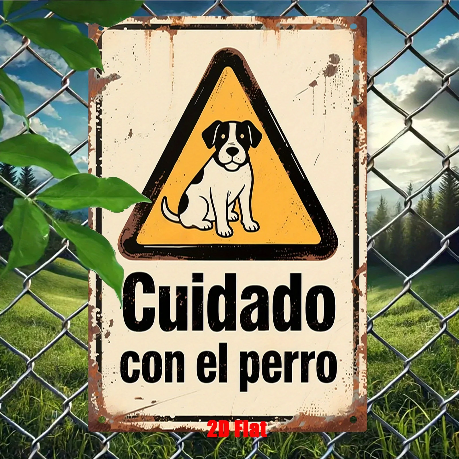 2D Flat, 1pc Vintage Spanish Caution Dog Warning Sign - Metal Plaque with 