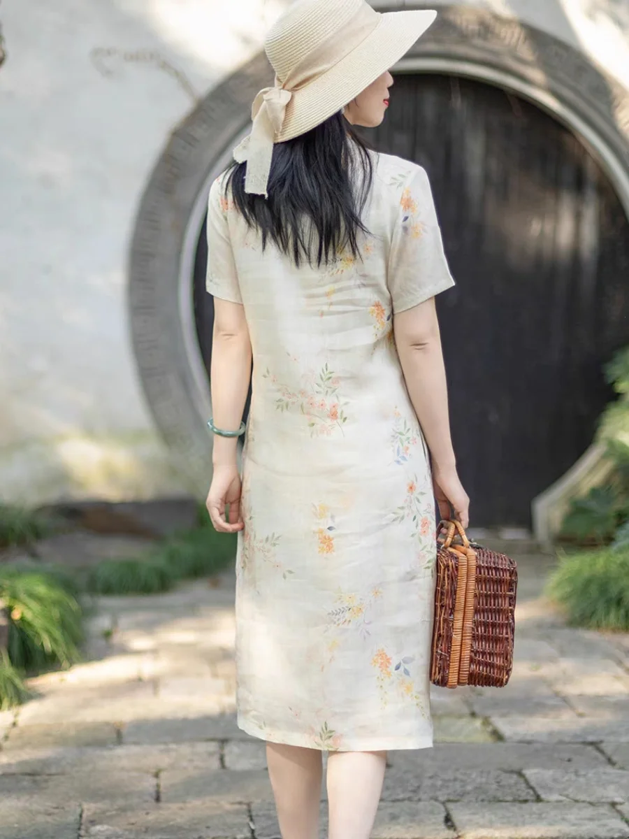 ชุดเดรสผ้าฝ้ายลินินสไตล์จีนเซนแบบใหม่สำหรับผู้หญิง ลายปักดอกไม้สไตล์เรโทร น้ำหนักเบา เหมาะสำหรับฤดูร้อน