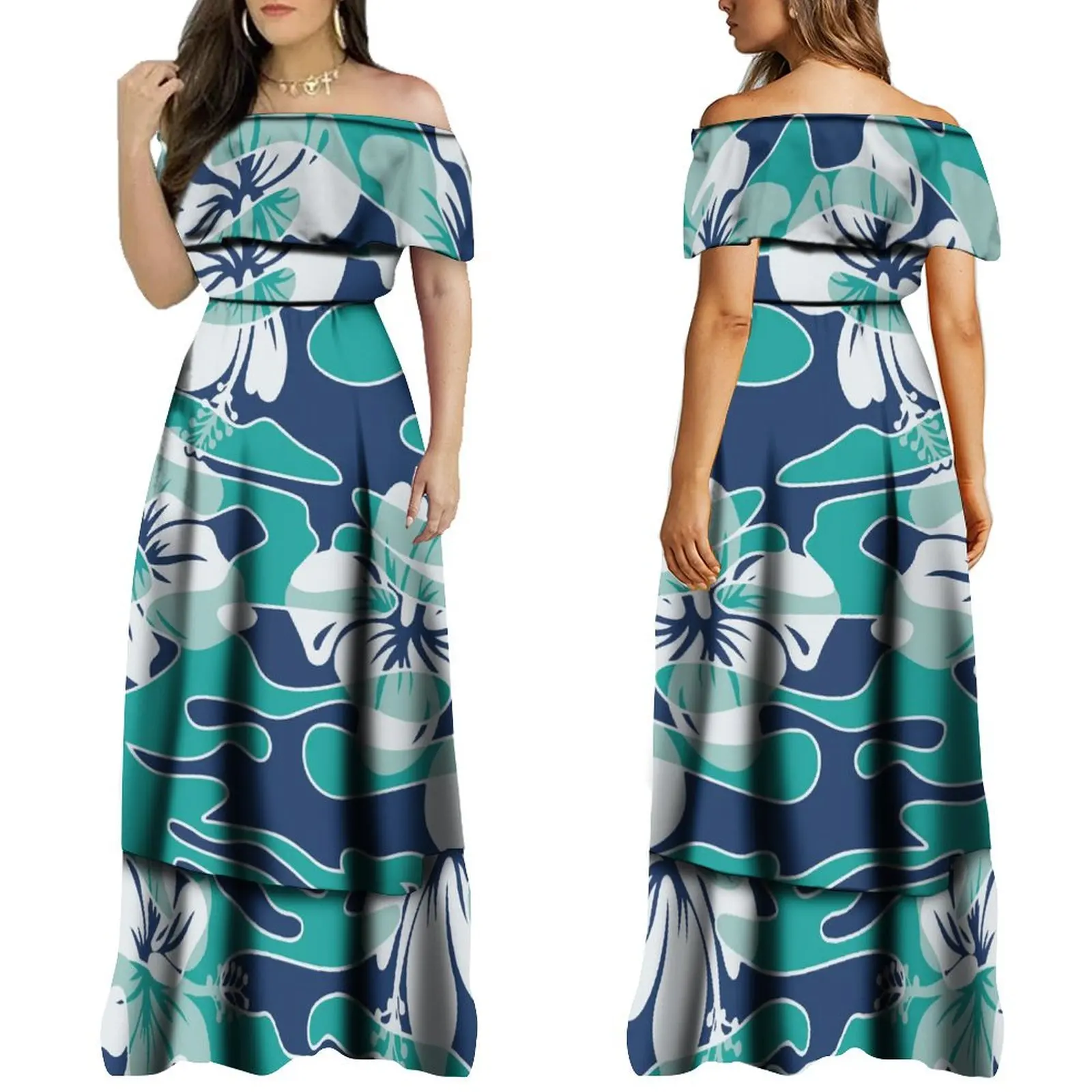 2024 Fashion Summer Fashion Women'S Off-The-Shoulder Dress Dinner Evening Gown Matching Men'S Shirt Polynesian With Couple Suit