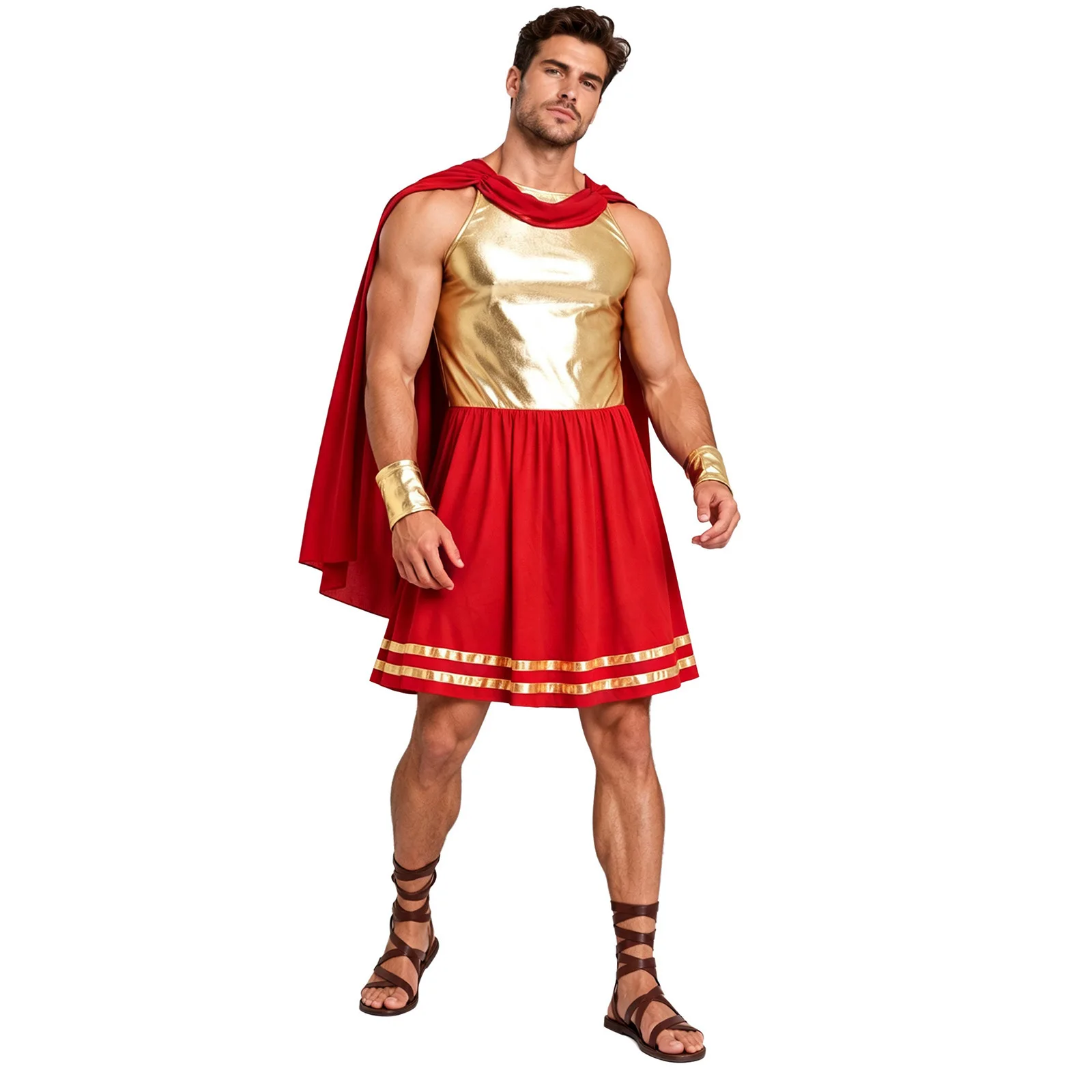男性用-古代ギリシャ風コスチューム-ハロウィンコスプレ-トーガドレス-リストバンド付き-ノースリーブ-シフォン素材のドレープドレス-ステージパフォーマンス用