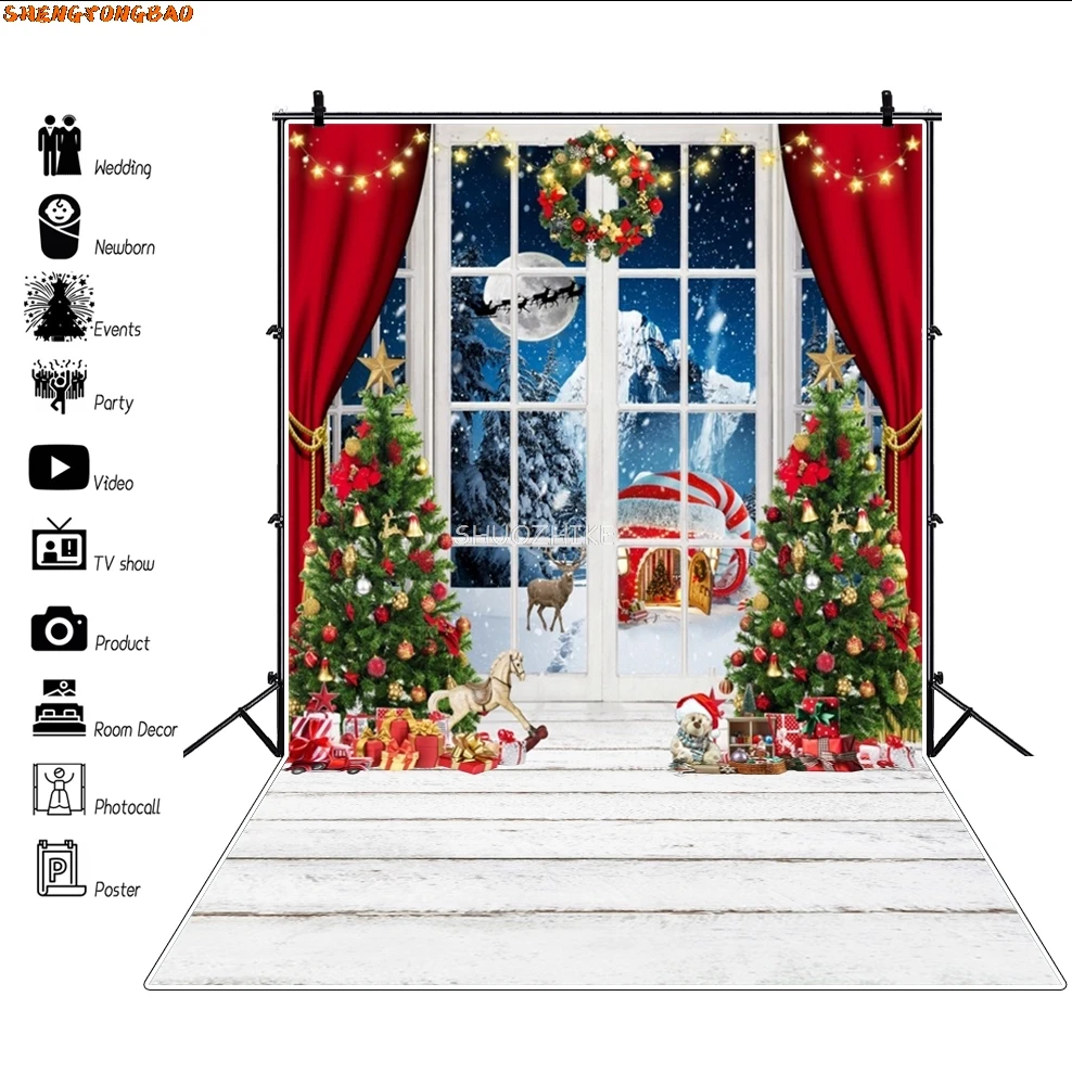 Inverno natal pano de fundo piso de madeira pinho floco de neve estrela decoração da árvore de natal bola vermelha brinquedo do bebê fotografia fundo estúdio foto