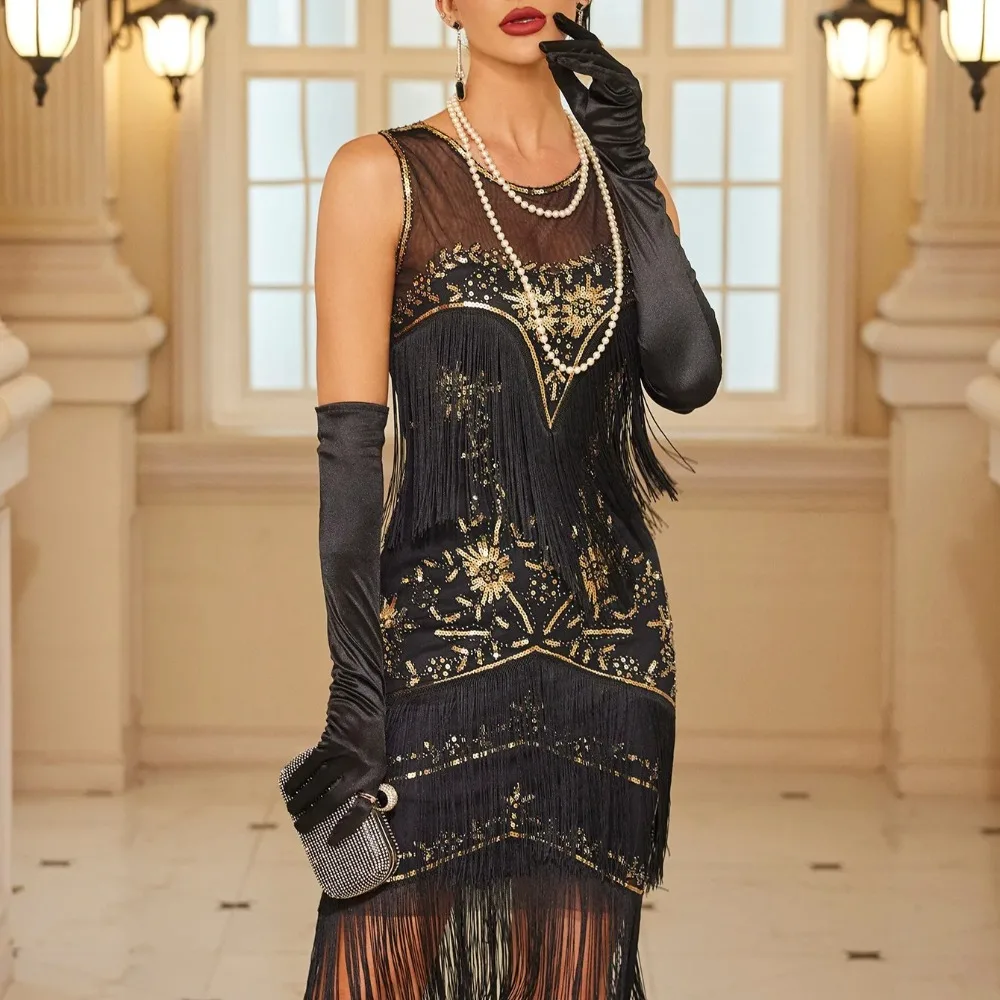 1 peça vintage 1920s inspirado sem mangas elegante vestido flapper com decoração de pringe vestido feminino