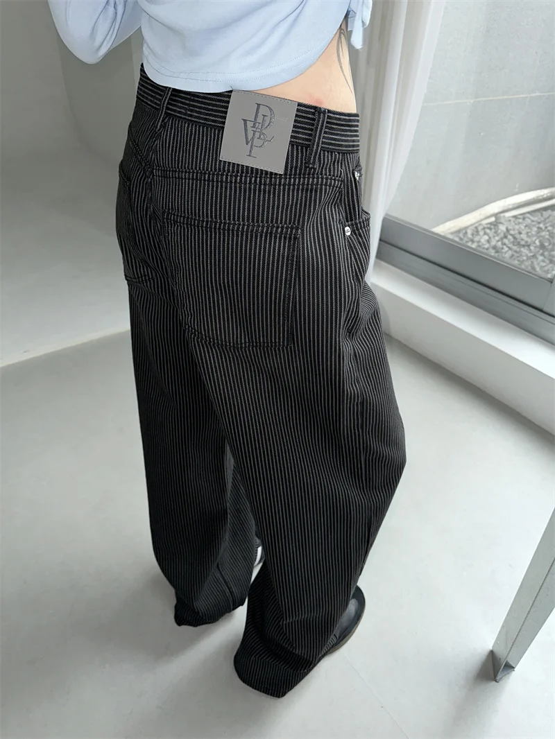 

Women's Black Gothic Striped Casual Jeans Y2K Japanese Harajuku 2000s Fashion High Waist Wide Leg Retro 90s Jeans Clothing 2025