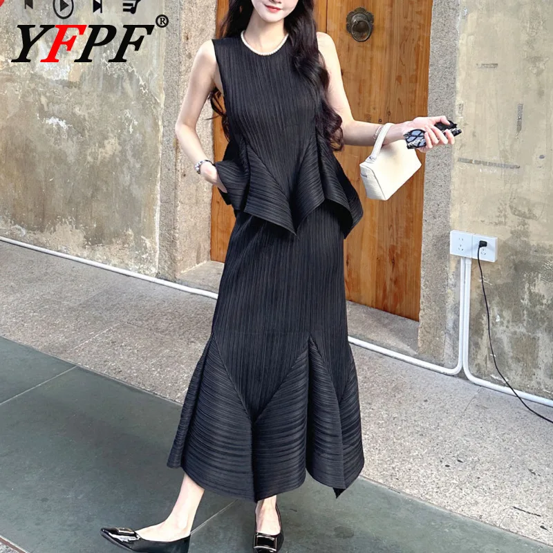 

YFPF Summer Miyake Pleated Two Piece Set Women Fashion Sleeveless Patchwork Blouse + Long Skirt Elegant 2025 New Clothing