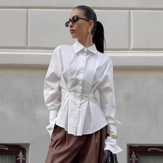 

Chic Streetwear Blue Casual Office Lady Blouse Solid Pleated Buttons Commute Fashion 2026 Spring Vintage Women's Shirt