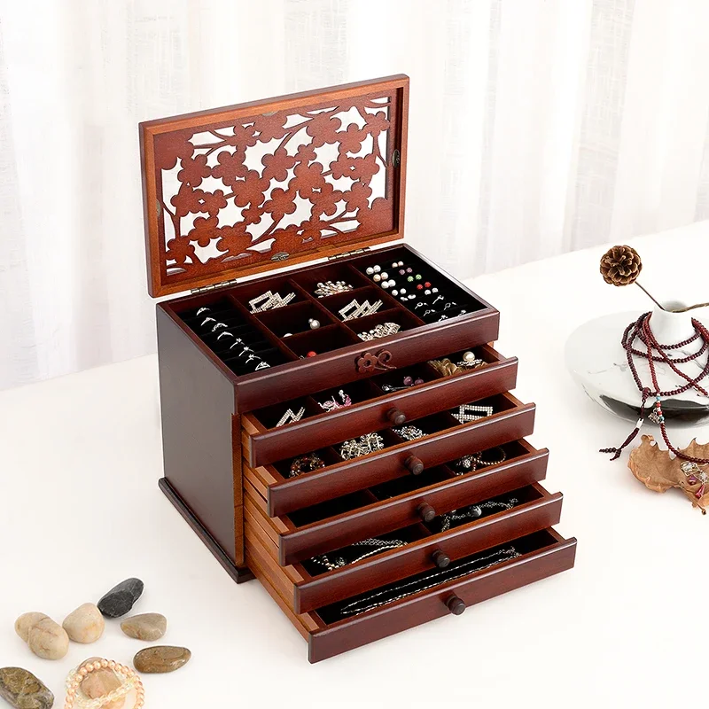 

Chinese Retro Solid Wood Jewelry Box Multi Layer Large Capacity Wooden Jewelry Box Hollow Carved and Divided Storage Box