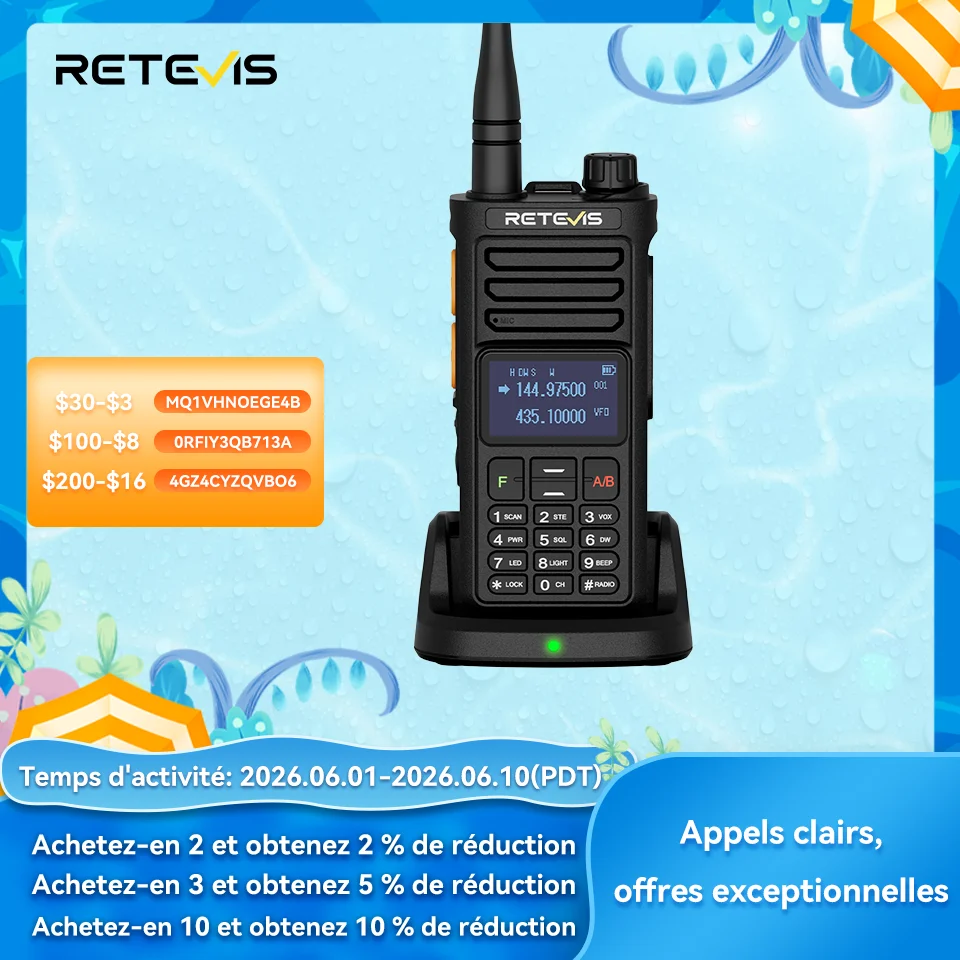 Retevis RA89R Talkie-walkie radioamateur bi-bande (U/V), programmable via application Bluetooth, batterie 2800 mAh, longue portée sans fil — Idéal pour le camping