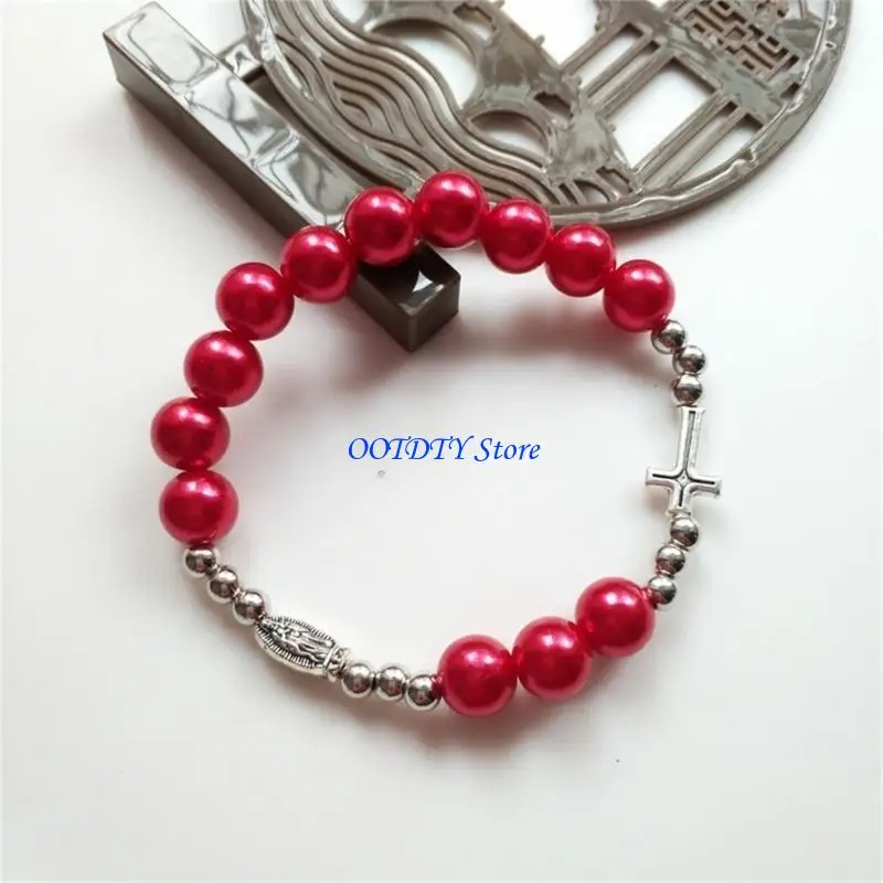 367A Vintage Women Beaded Stretch Rosary Bracelet with Baptism Rosaries Prayer Catholic Jewelry Men Religious Gift