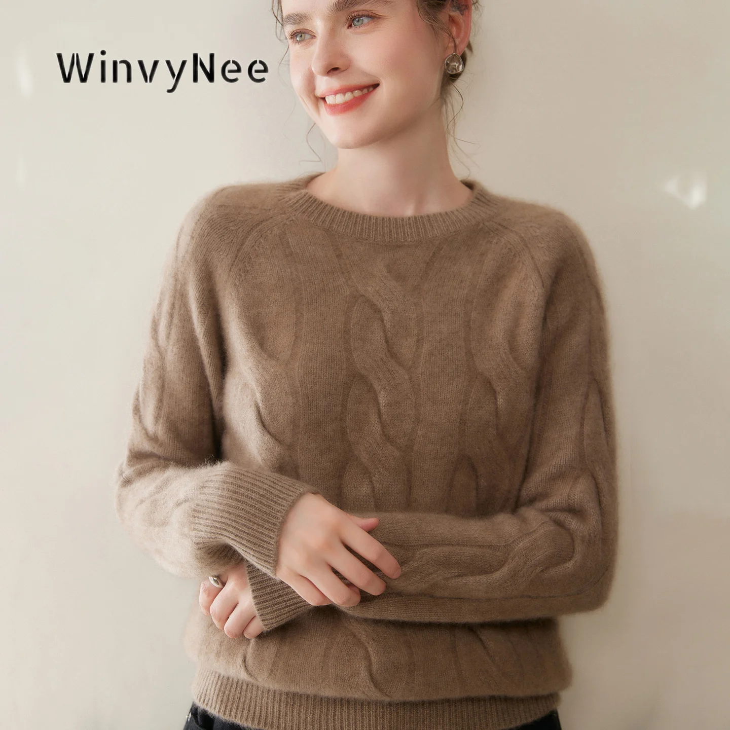 WinvyNee Women Knitwear Cashmere Crew Neck Cable Knit Top Autumn Winter Wear Skin Friendly Luxury Soft Chic Casual Wear A1054085