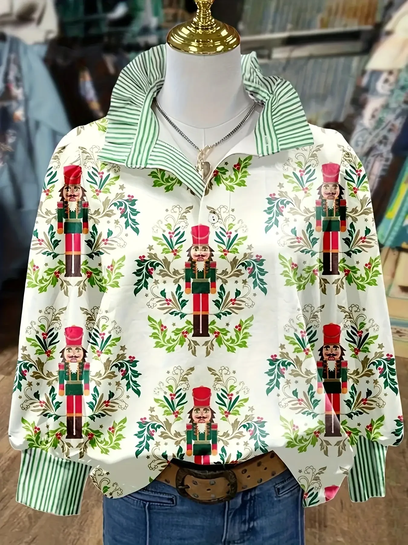 2D flat printed women's red and white striped Christmas printed lapel shirt