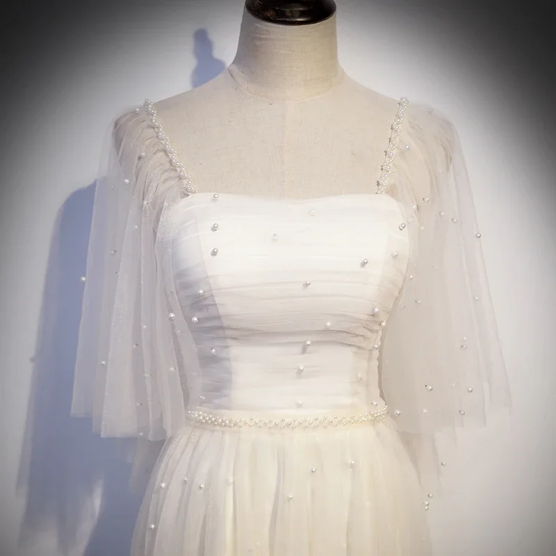 Dostosowana suknia wieczorowa szampańskie koraliki kwadratowy kołnierzyk linia A krótkie rękawy długość do herbaty Plus rozmiar kobieta formalna suknia na przyjęcie B1004