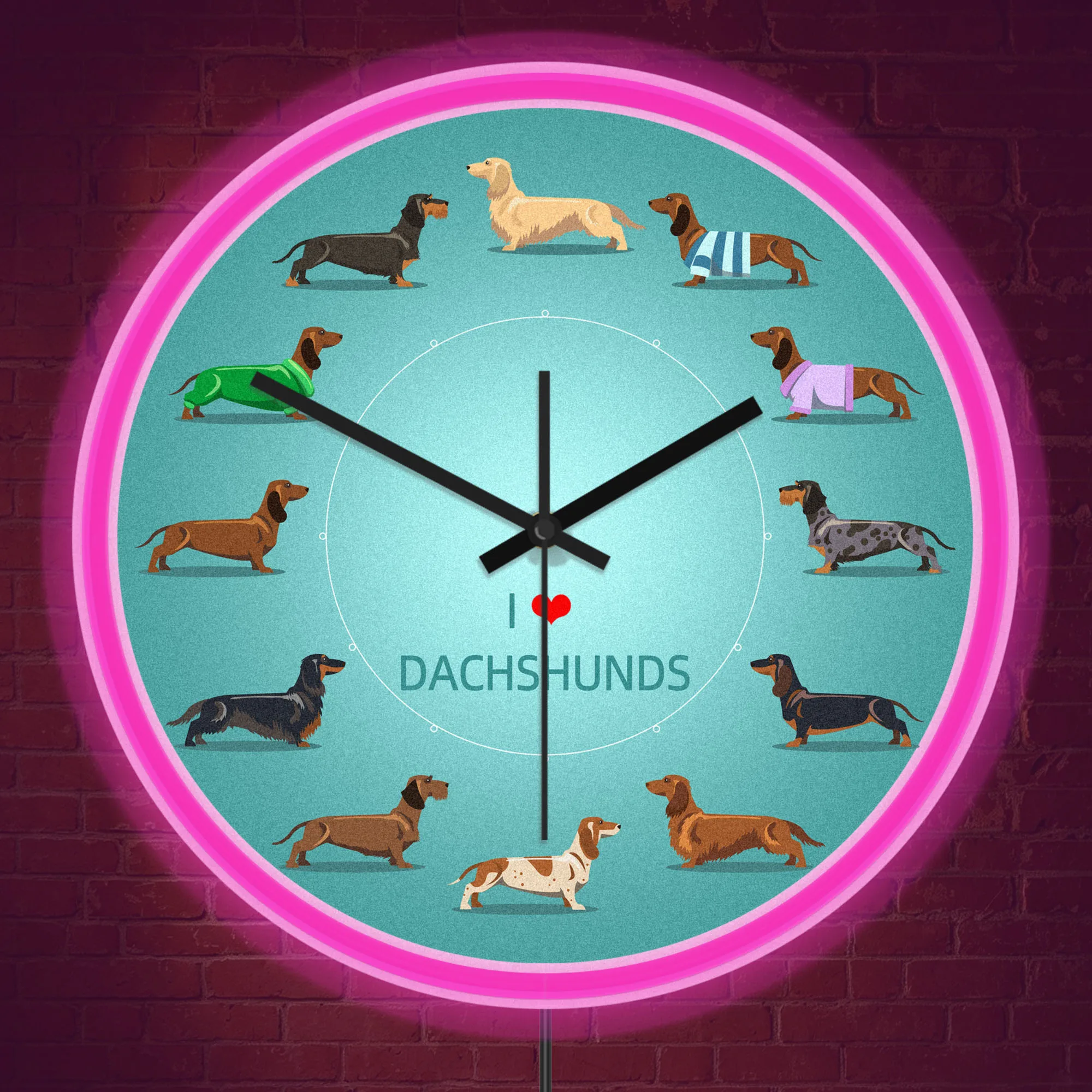 I Love Dachshunds Cartoon Sausage Dog Silent Quartz Wall Clock with Glowing Neron Rim Light Pet Room Vet Clinic Illuminated Sign