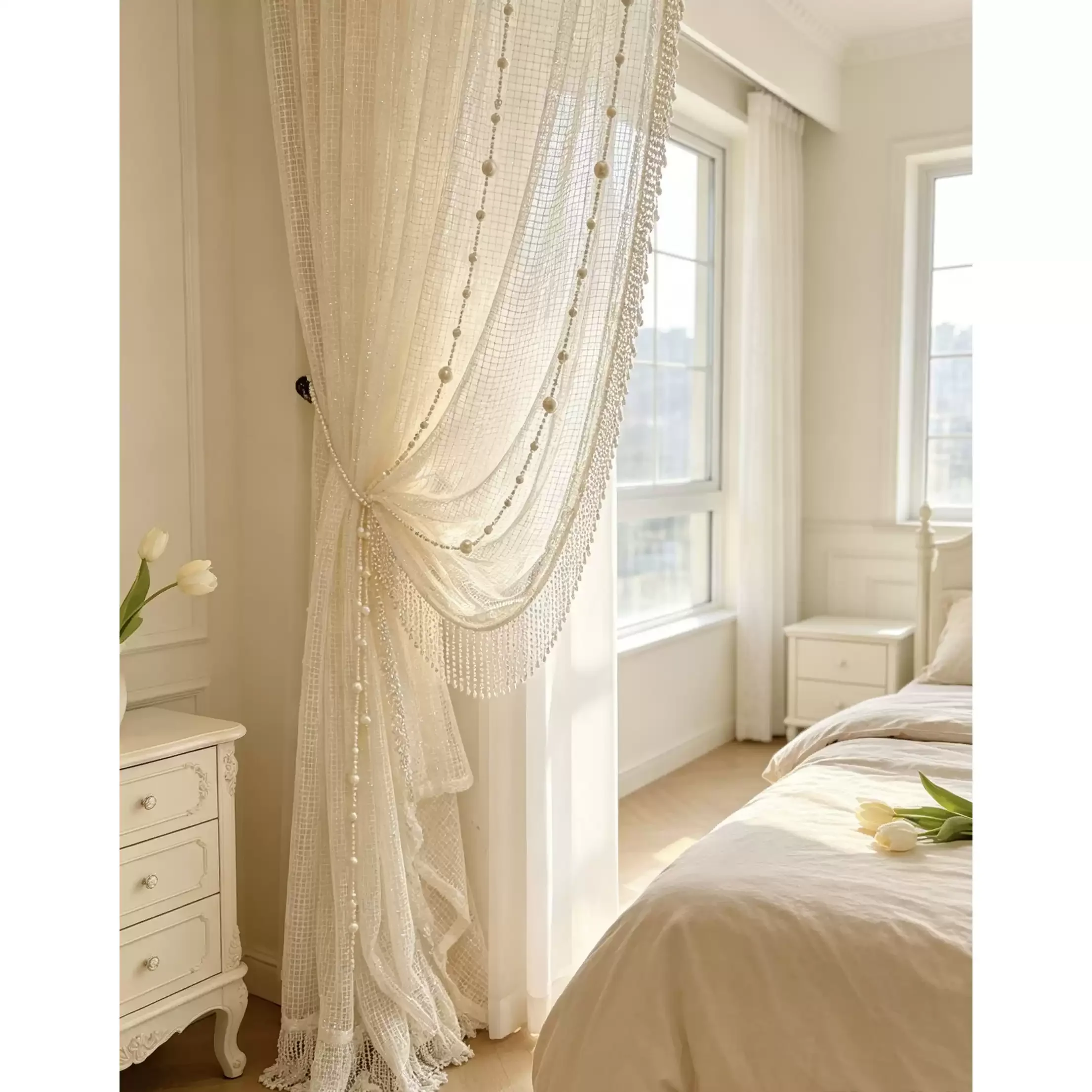 Luxury White Exquisite Pearls with Fine French Romantic Light Sparkle and Luster Dreamy Girl Heart Custom Size Gauze Curtain