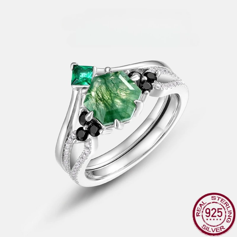

New S925 pure silver geometric natural water grass agate layered inlaid with green moss stone ring wedding jewelry