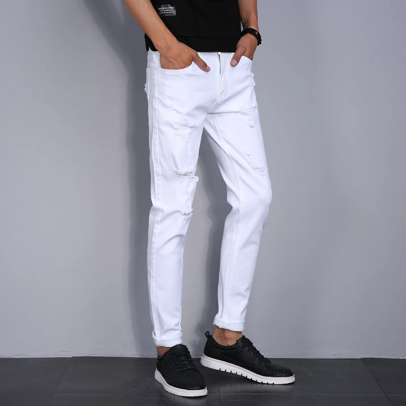 

High Street Fashion Men Jeans White Elastic Stretch Skinny Jeans Korea Men Ripped Designer Hip Hop Denim Pants Hombre