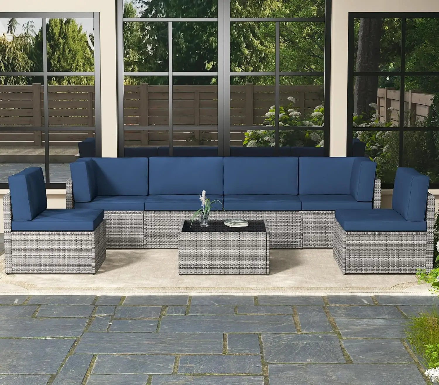 Outdoor Sectional Sofa Set 7-Piece Wicker Furniture with Coffee Table for Backyard Garden, Customized