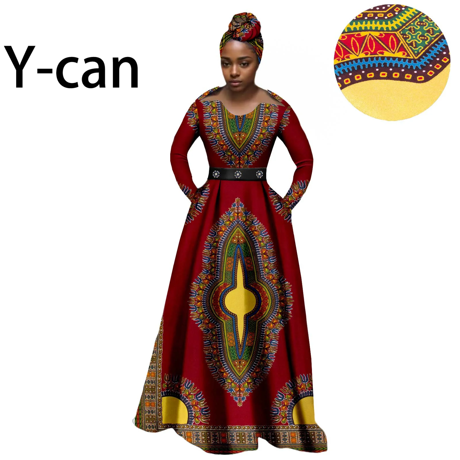 African Women Dress O-neck Long Sleeve Floor Length High Waist A-line Pleated Vestidos With Headscarf Causal Ankara Wax 2425112