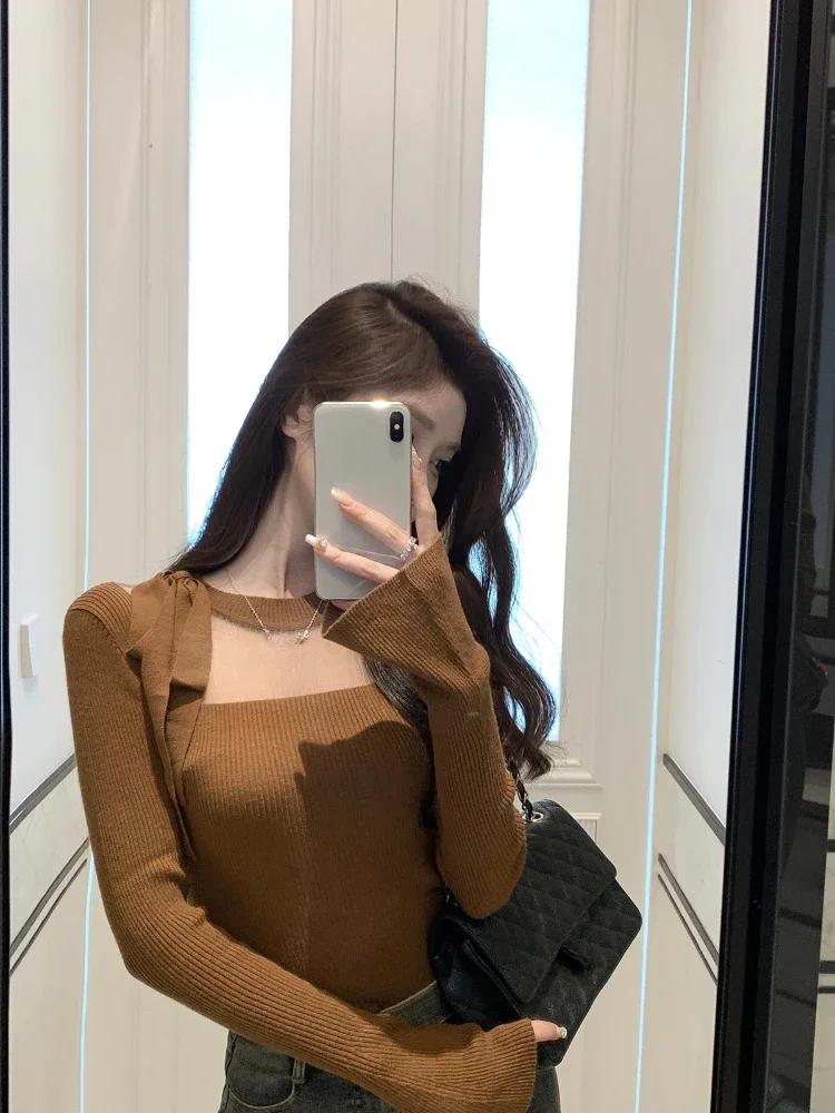 2023 Autumn Korean Fashion Knitted Sweater Y2k Crop Tops Women Casual Long Sleeve Elegant Slim Pullovers Outwear Office Lady