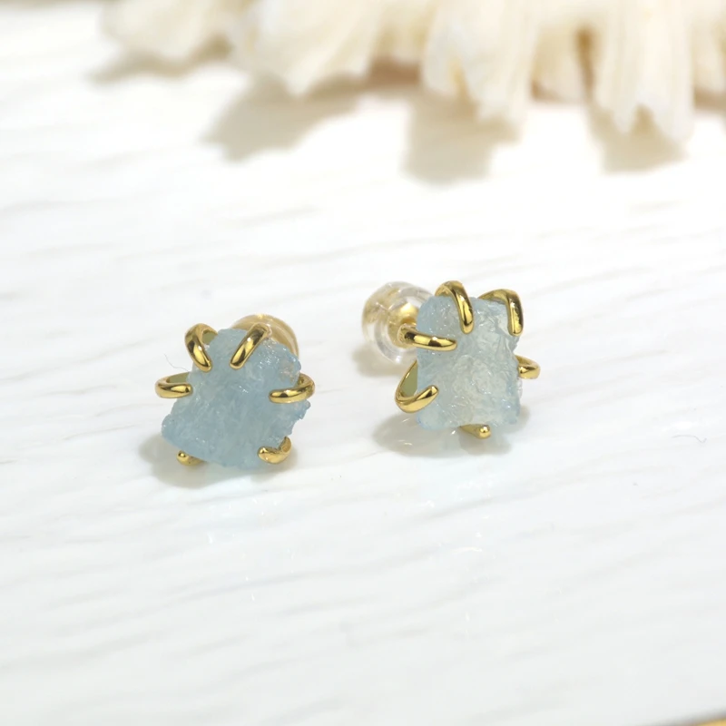 Irregular Natural Aquamarine Stud Earrings Gold Plated Hypoallergenic Charms Earrings for Women Party Elegant Jewelry