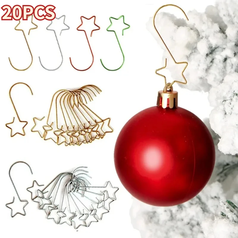 20Pcs Christmas Five-star Shaped Hooks Ornaments Metal Christmas Hanging Holder for Christmas New Year Party Decoration Supplies