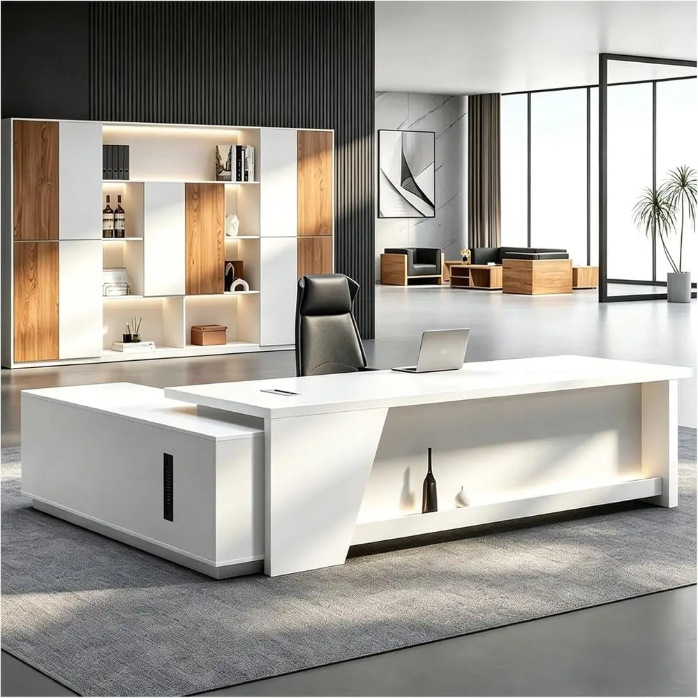 

1 Thick Solid Wood L-Shaped Office Desk with Side Cabinet and Wire Management
