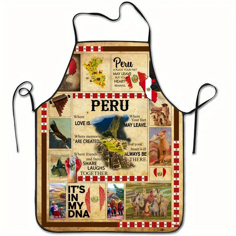 1pc Peru Inspired Quotes Collage Print Apron 100% Polyester Woven Fabric Sleeveless, Kitchen Baking Work Apron for Home