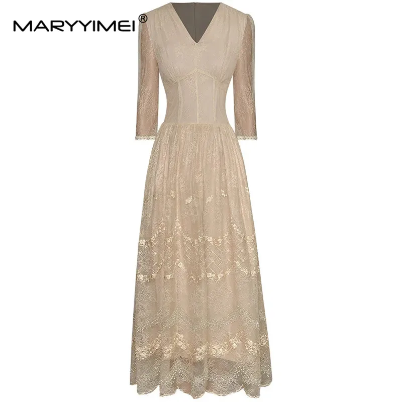 MARYYIMEI Fashion Designer dress Summer Woman's Dress V-Neck Three Quarter Lace Embroidery Beading Mesh Dresses