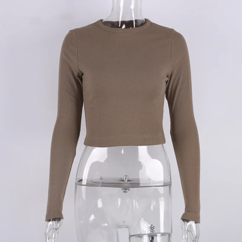 O Neck Long Sleeve Shirt Women Ribbed Sexy Cropped Tops 2023 Spring Black Casual Skinny Slim Basic Woman T Shirts White image 5