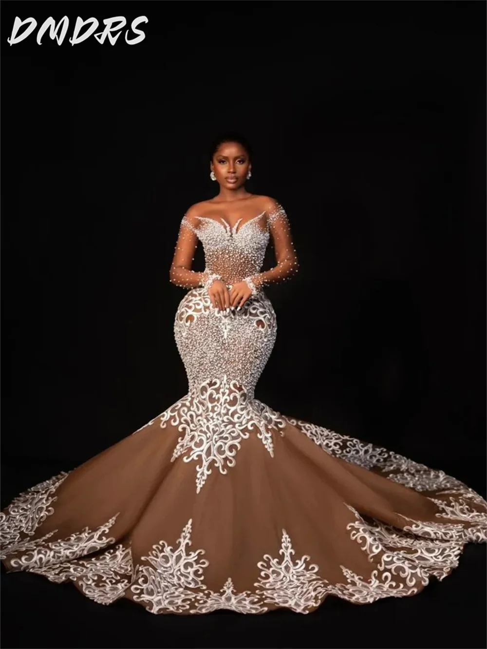 Luxurious Mermaid Wedding Dress 2025 Classic Beaded Bridal Gown Formal Long Sleeve Ball Gown For Saudi Arabia Dress Customized