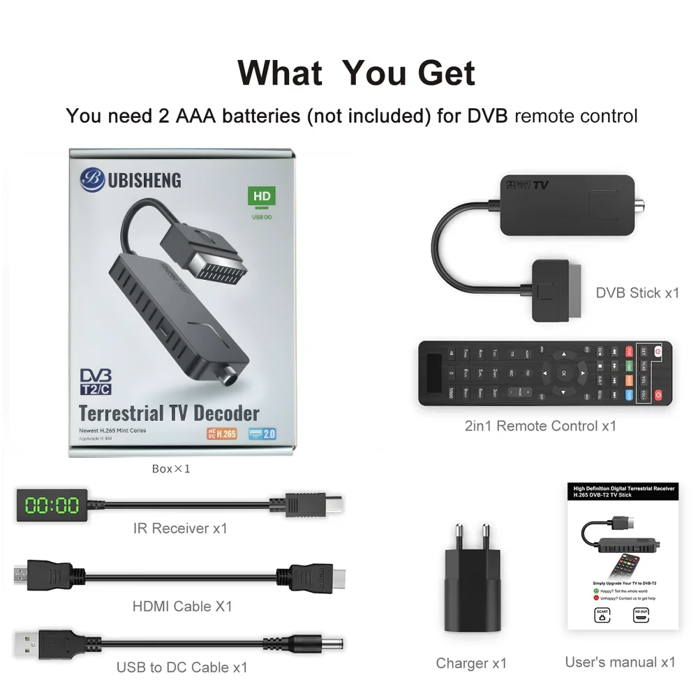 جهاز فك ترميز أرضي رقمي DVB T2 H.265 HEVC جهاز استقبال تلفزيون سكارت HD PVR موالف تلفزيون مع جهاز تحكم عن بعد عصا تلفزيون للمملكة المتحدة، SE،FI، إيطاليا