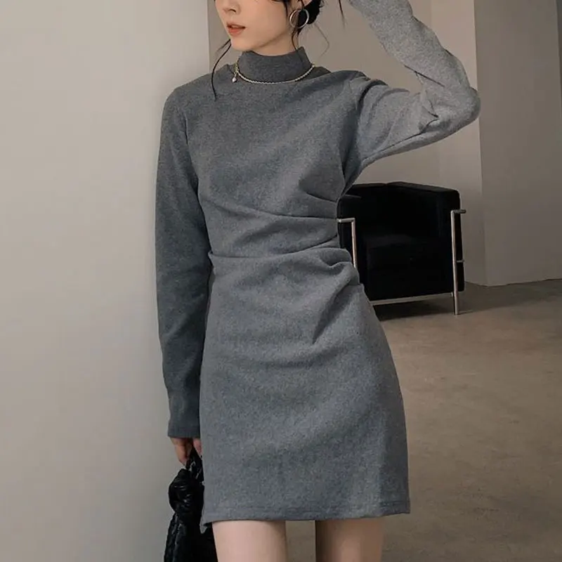 Aura Basic Slim Bag Hip Dresses Women's Clothing Elegant Half High Collar Autumn Winter Solid Color Chic Long Sleeve Mini Dress