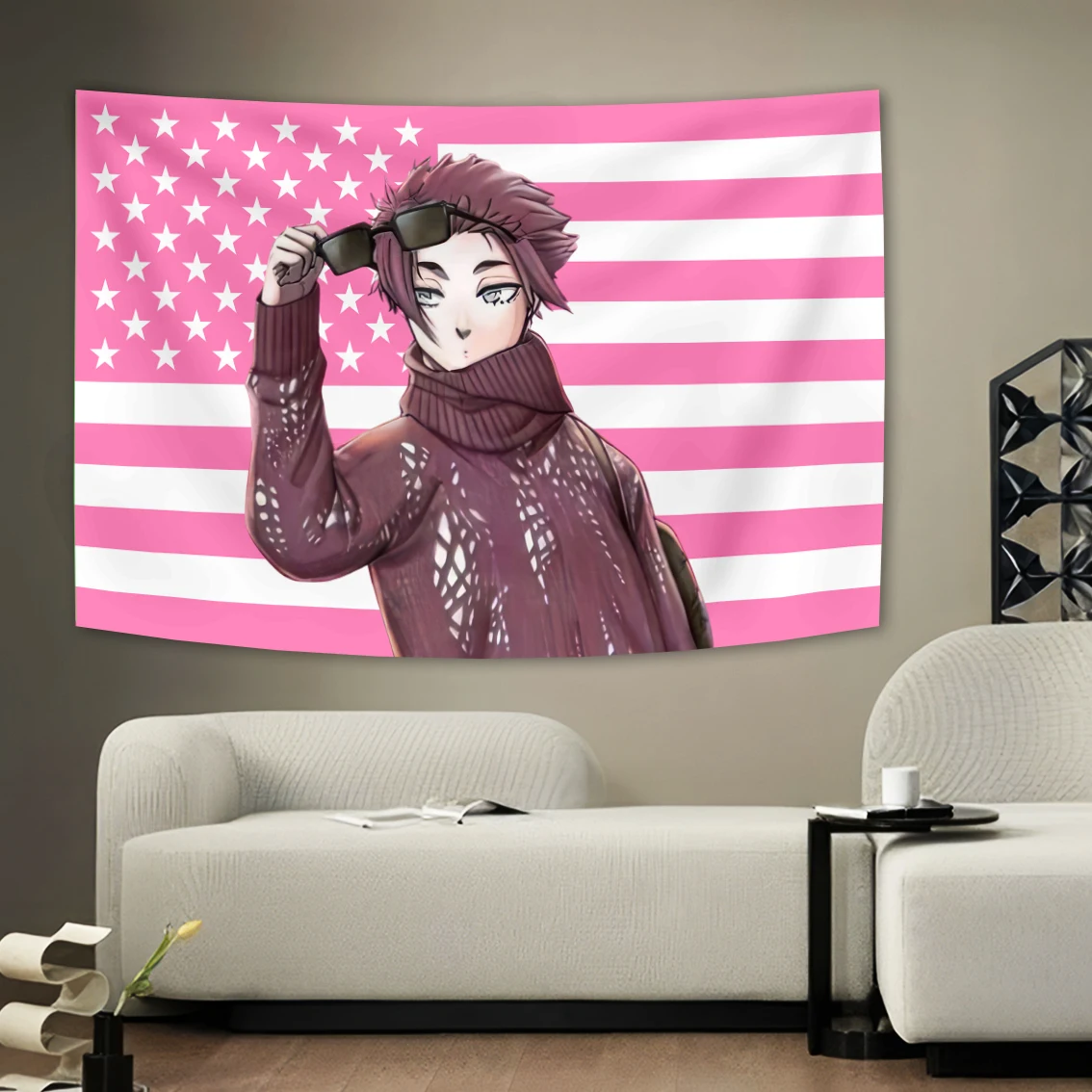 Anime Character Tapestry Anime Pink United States Flags Cute Gift Room Decor Aesthetic For Teen Girl Bedroom Dorm Wall Cloth