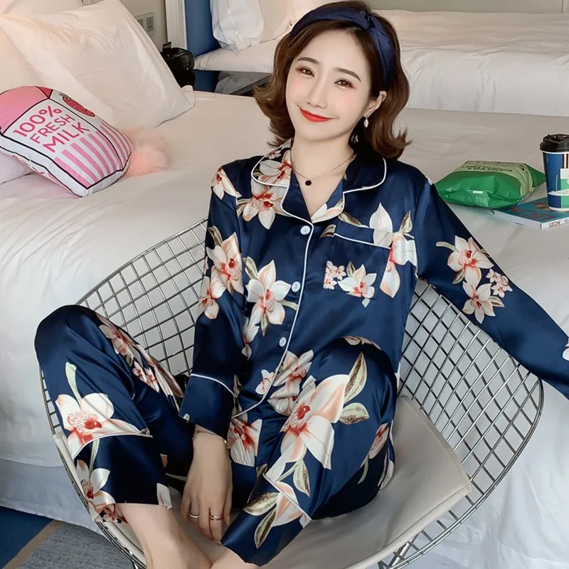 Spring and Autumn Pajamas Women Ice Silk Thin Section Flowers and Plants Long-sleeved Trousers Loose Korean Home Service Suit