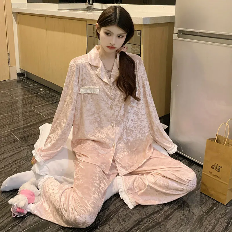 

Women's New Model Pajamas Homewear Sweet Outerwear Female Autumn Winter Thickened Sweet Warm Loungewear Long Sve Two-Piece Set