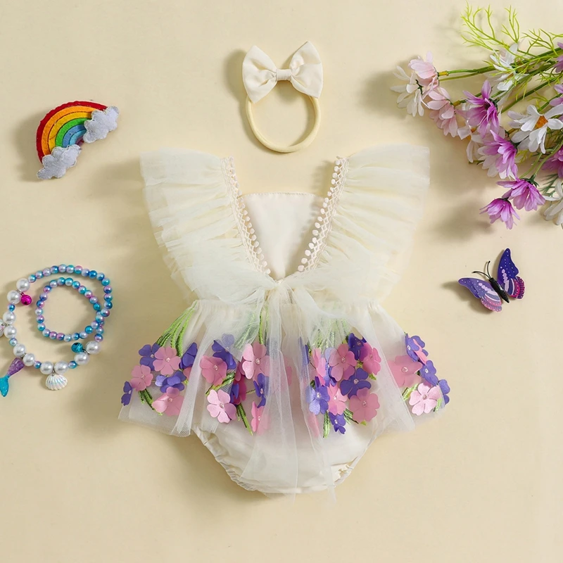 Suefunskry Baby Girl 2Pcs Summer Outfits Ruffle Sleeveless 3D Flower Tulle Skirt Romper with Headband Set