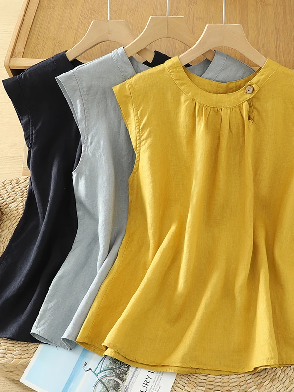 

Summer 2025 round Ne Cotton Linen Svel Casual irt plus Size Women's Versatile Small Flng Sve Top Commute Sle