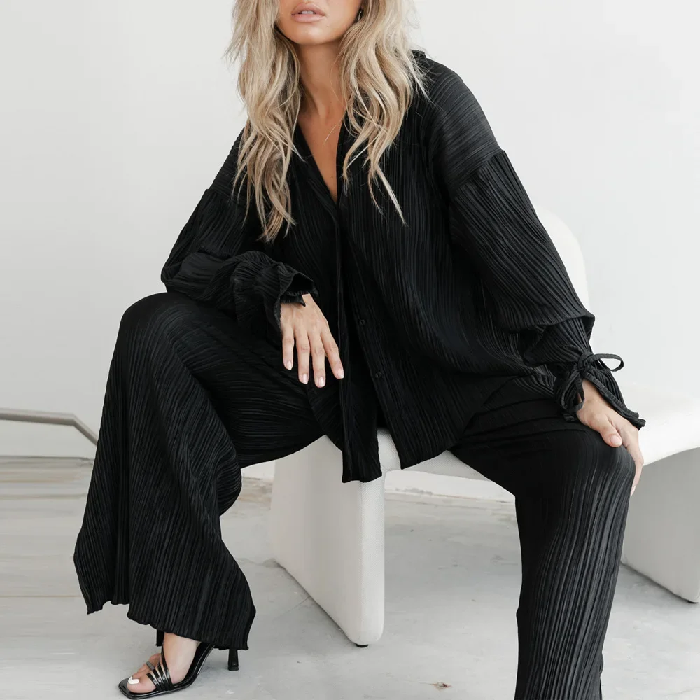 Solid Pleated Shirt&pants Women Loose Pajamas Suit Sexy Split Pjs New Summer Spring Sleepwear Long Home Clothes Loungewear
