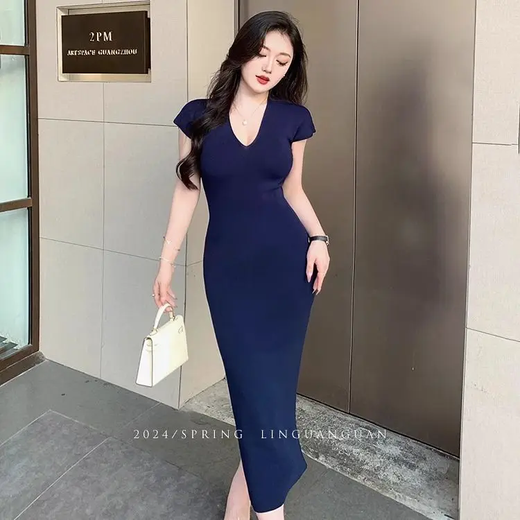 Blue V-neck short-sleeved fold stretch Slim pack hip shock ultra-thin elegant temperament pencil dress with the same color belt