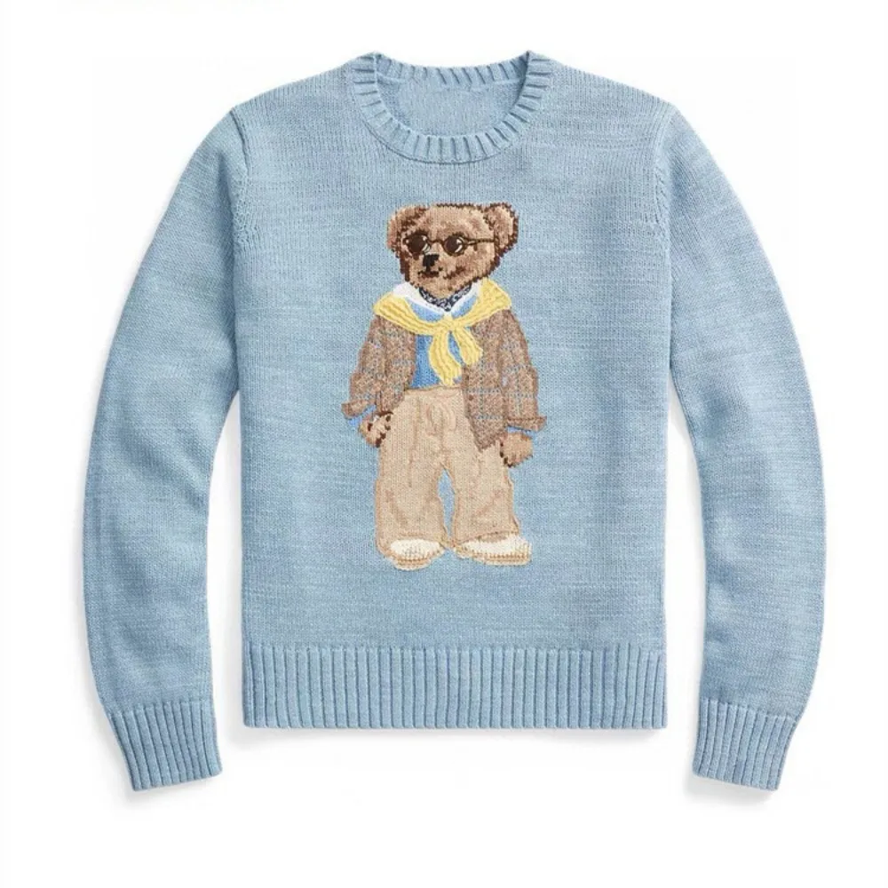 2025 Autumn Winter New Heavy Embroidered Cotton Sweater | Cute Cartoon Bear Round Neck Preppy Style Knitwear for Women