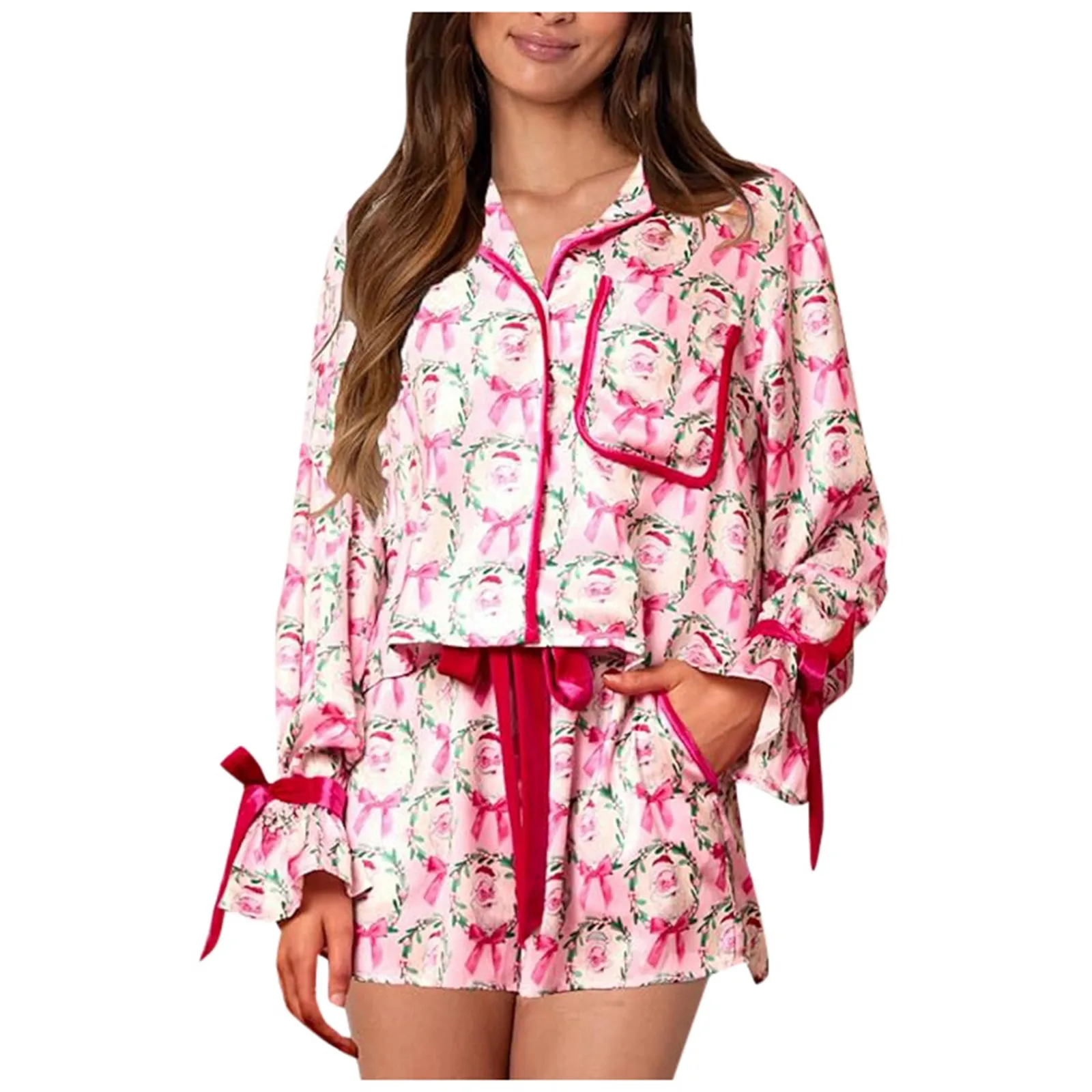 

2024 Christmas Pajamas for Women Bow Tie Long Sleeve Shirt Shorts Satin Silk Funny Graphic 2 Piece Pjs Set Sleepwear