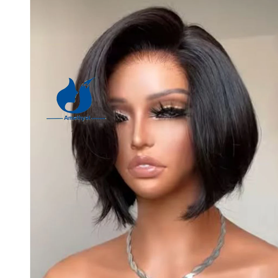 Natural 13x6 Layered Lace Front Bob Human Hair Wig Side Part Short Bob Pixie Cut for Women Remy Brazilian Wave Pre Plucked 8‘’