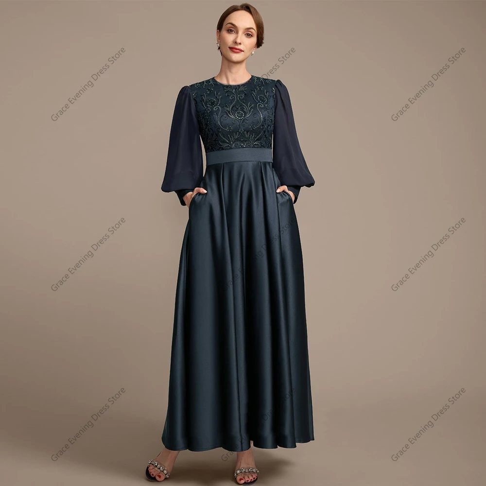 Modern Full Sleeves Mother of Bride Dresses Satin Ankle Length Wedding Party Dresses with Lace Sequin 2024 Summer Robe De Soirée