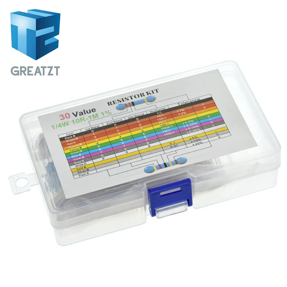 

GREATZT 600pcs/set 30 Kinds 1/4W Resistance 1% Metal Film Resistor Pack Assorted Kit 1K 10K 100K 220ohm 1M Resistors 300pcs/set