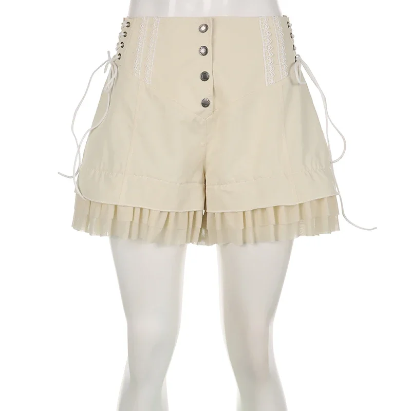 Sweet Mesh Tiered Ruffle Shorts Skirts Khaki Wide Form Side Bandage Cute Hot Pants Lolita Style Soft Girls Shorts Y2K