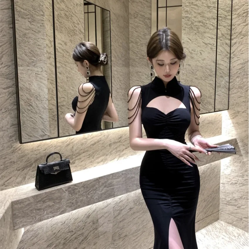 Sexy Bla Tassel Hollow out Deep V Fi Tail Evening Dr Women's Long Summer New Sle Commute Korean Sle No Sve Dr